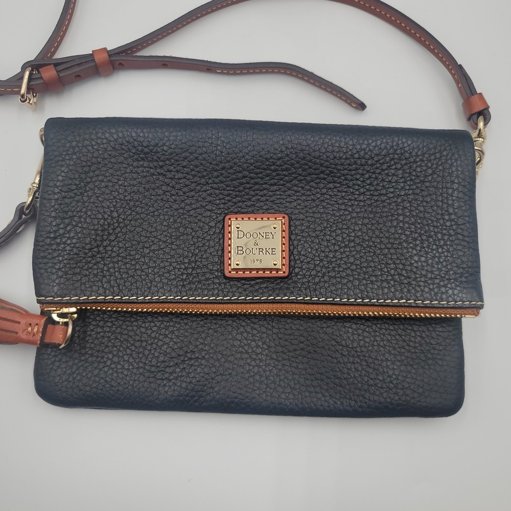 Dooney & Bourke Navy Pebbled Leather Foldover Crossbody Bag Tassel Clutch